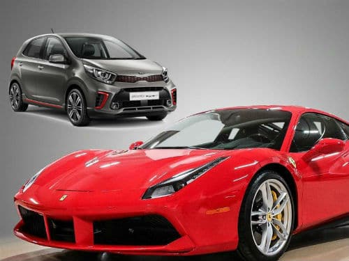A cheap car (Kia and expensive car (Ferrari)