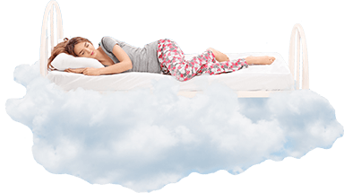 A woman lies on a bed floating amongst the clouds.